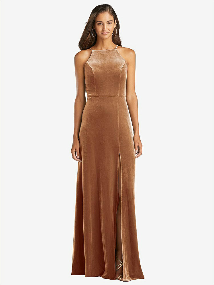 【STYLE: LB021】Velvet Halter Maxi Dress with Front Slit - Harper【COLOR: Golden Almond】