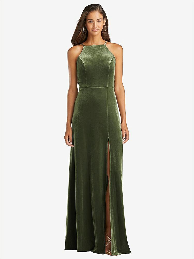 【STYLE: LB021】Velvet Halter Maxi Dress with Front Slit - Harper【COLOR: Olive Green】