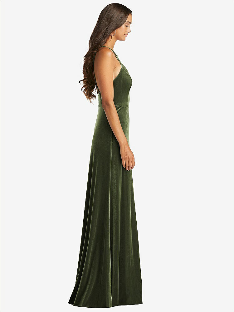 【STYLE: LB021】Velvet Halter Maxi Dress with Front Slit - Harper【COLOR: Olive Green】