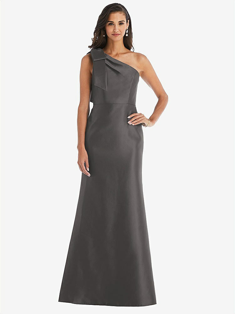 【STYLE: D794】Bow One-Shoulder Satin Trumpet Gown【COLOR: Caviar Gray】
