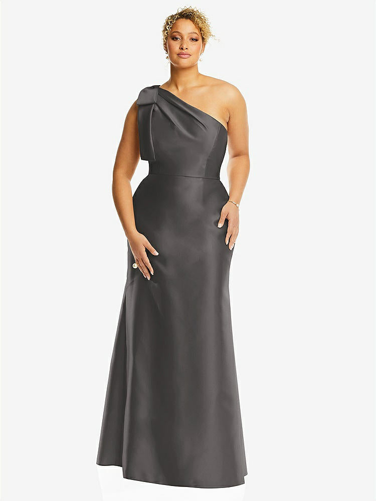 【STYLE: D794】Bow One-Shoulder Satin Trumpet Gown【COLOR: Caviar Gray】
