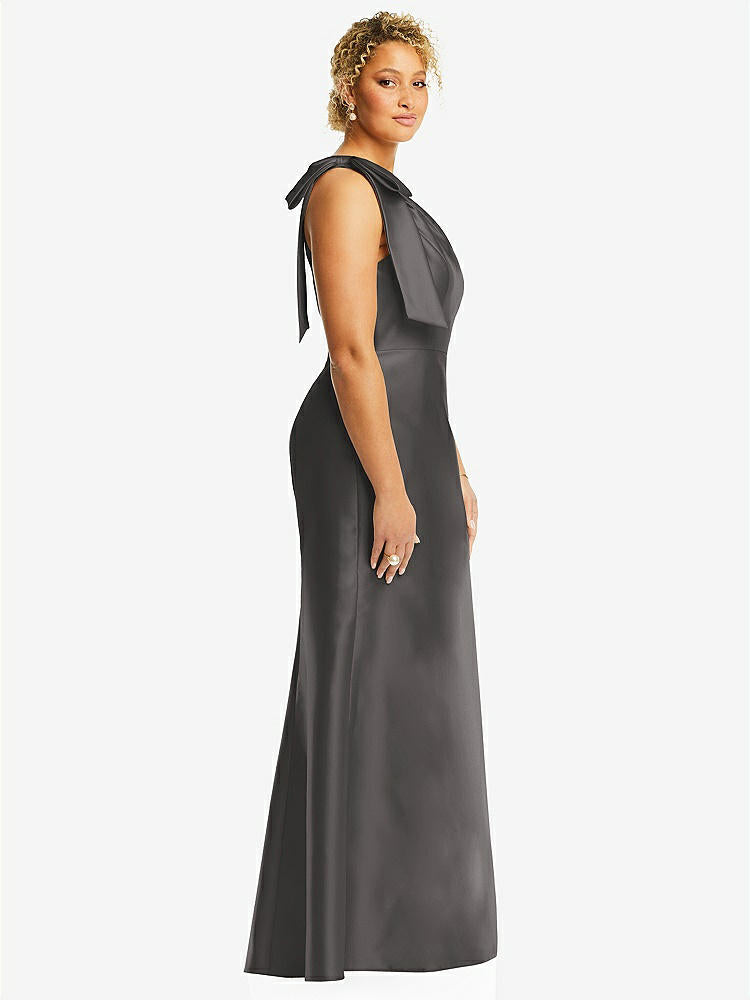 【STYLE: D794】Bow One-Shoulder Satin Trumpet Gown【COLOR: Caviar Gray】
