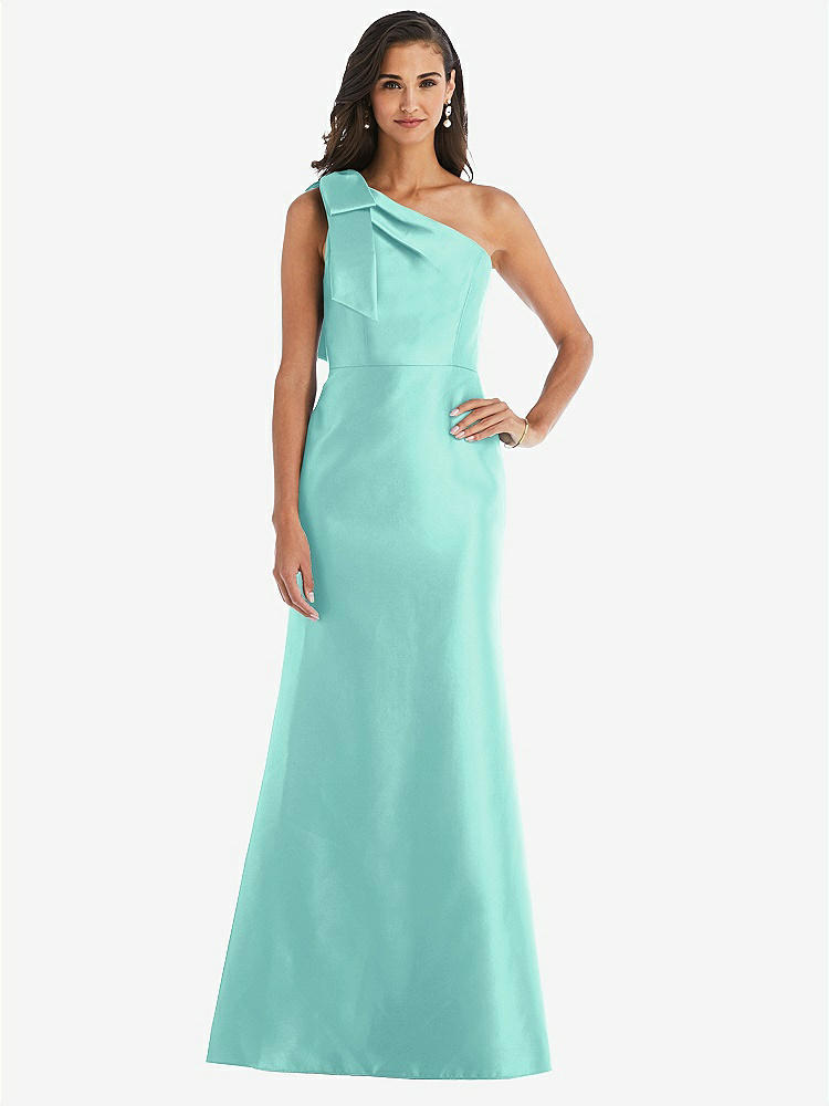 【STYLE: D794】Bow One-Shoulder Satin Trumpet Gown【COLOR: Coastal】