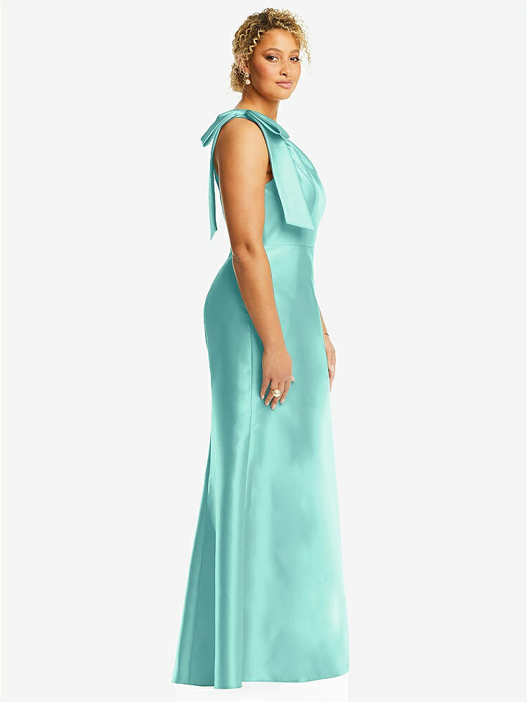 【STYLE: D794】Bow One-Shoulder Satin Trumpet Gown【COLOR: Coastal】