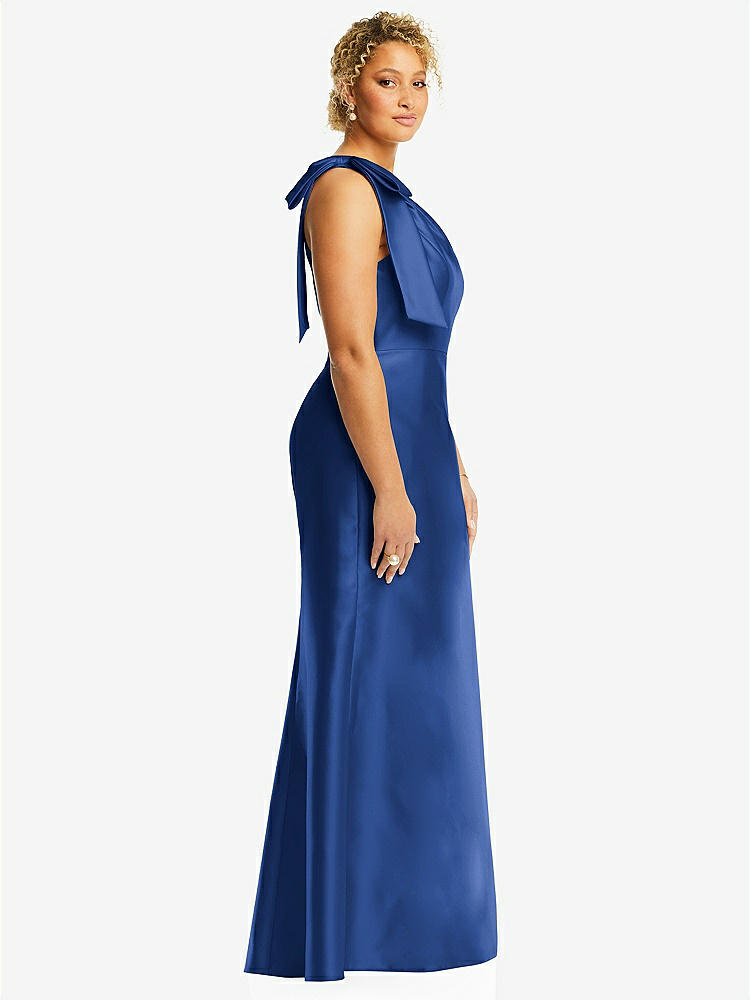 【STYLE: D794】Bow One-Shoulder Satin Trumpet Gown【COLOR: Classic Blue】