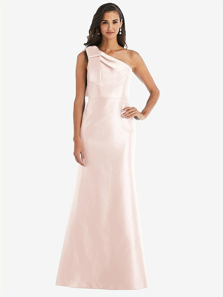 【STYLE: D794】Bow One-Shoulder Satin Trumpet Gown【COLOR: Blush】