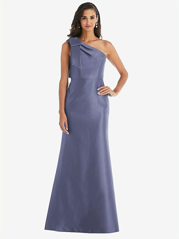 【STYLE: D794】Bow One-Shoulder Satin Trumpet Gown【COLOR: French Blue】