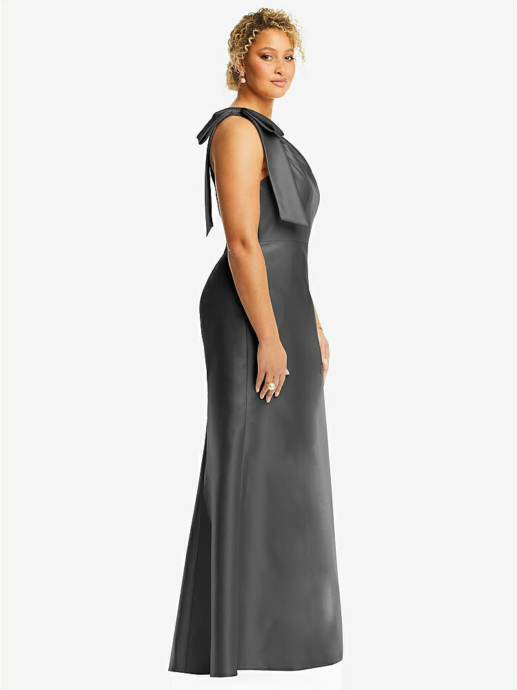 【STYLE: D794】Bow One-Shoulder Satin Trumpet Gown【COLOR: Gunmetal】