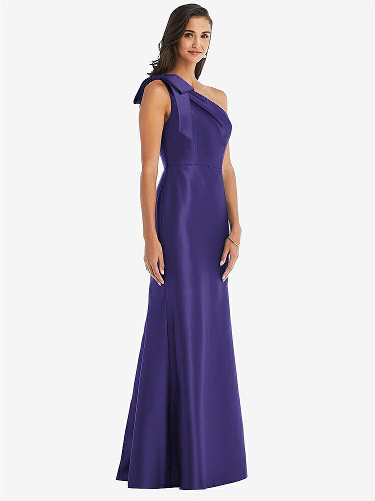 【STYLE: D794】Bow One-Shoulder Satin Trumpet Gown【COLOR: Grape】