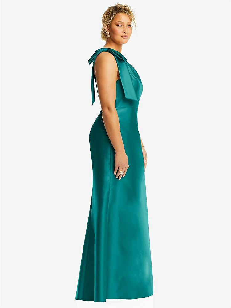 【STYLE: D794】Bow One-Shoulder Satin Trumpet Gown【COLOR: Jade】