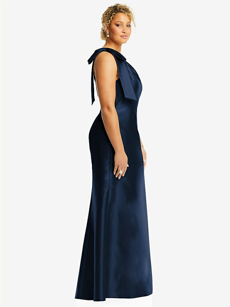 【STYLE: D794】Bow One-Shoulder Satin Trumpet Gown【COLOR: Midnight Navy】