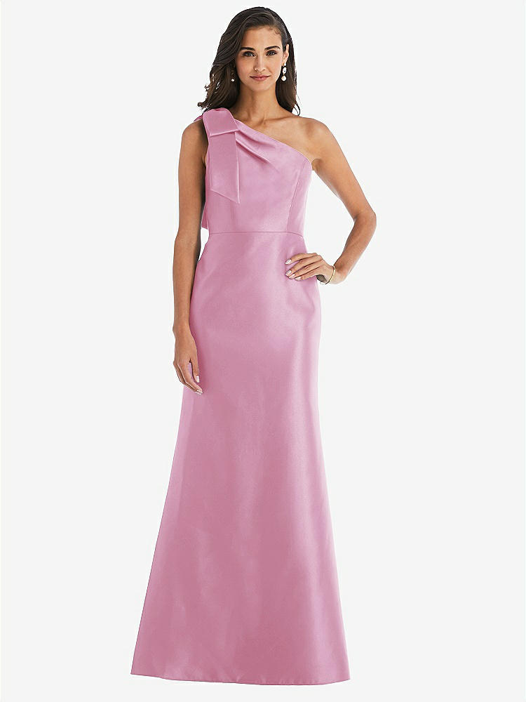 【STYLE: D794】Bow One-Shoulder Satin Trumpet Gown【COLOR: Powder Pink】