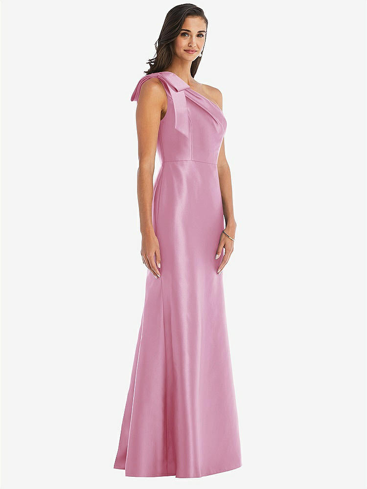 【STYLE: D794】Bow One-Shoulder Satin Trumpet Gown【COLOR: Powder Pink】