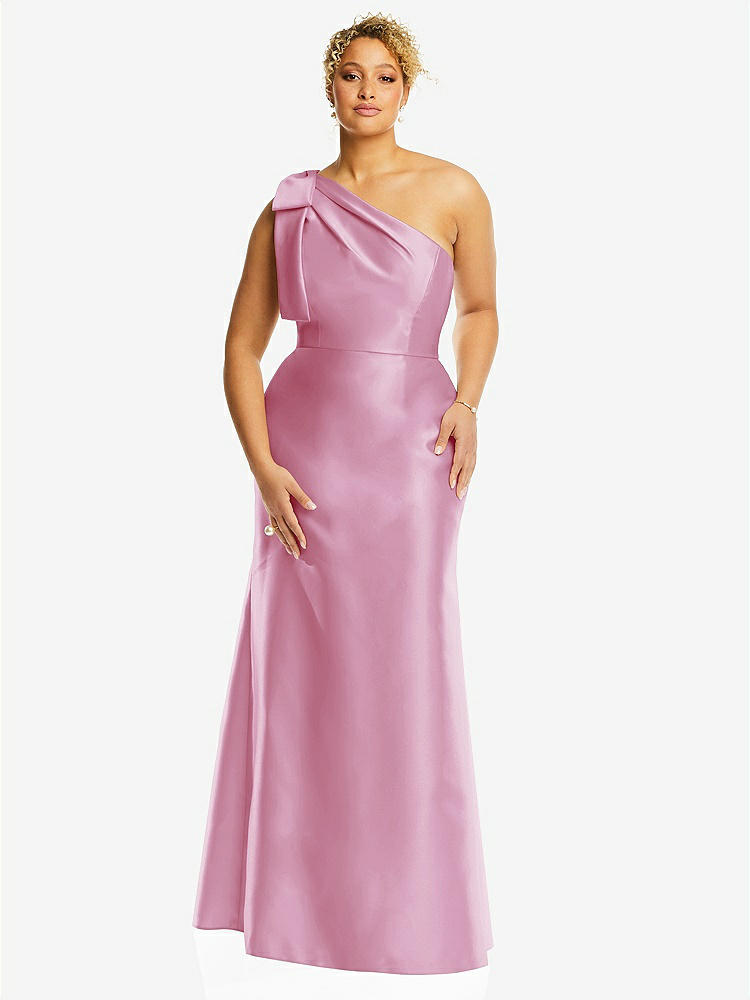 【STYLE: D794】Bow One-Shoulder Satin Trumpet Gown【COLOR: Powder Pink】