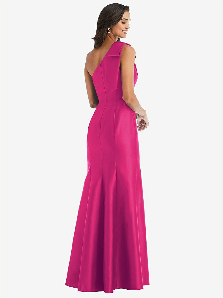 【NEW】【STYLE: D794】弓 ワンショルダー サテン トランペット ガウン【COLOR: Think Pink】【SIZE: 00-30W】