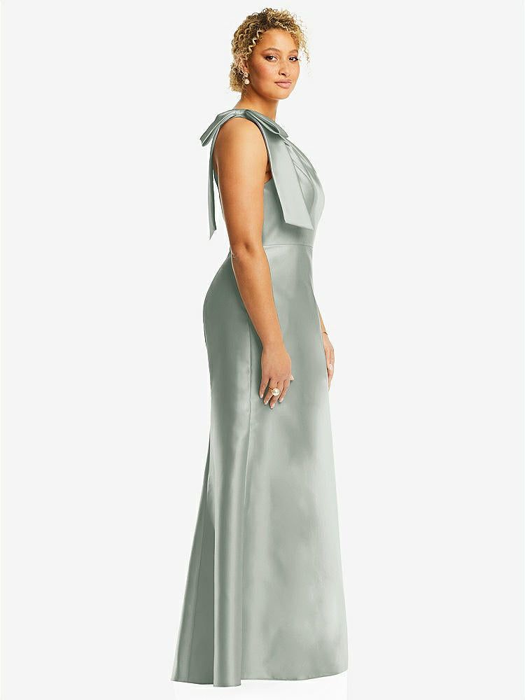 【STYLE: D794】Bow One-Shoulder Satin Trumpet Gown【COLOR: Willow Green】