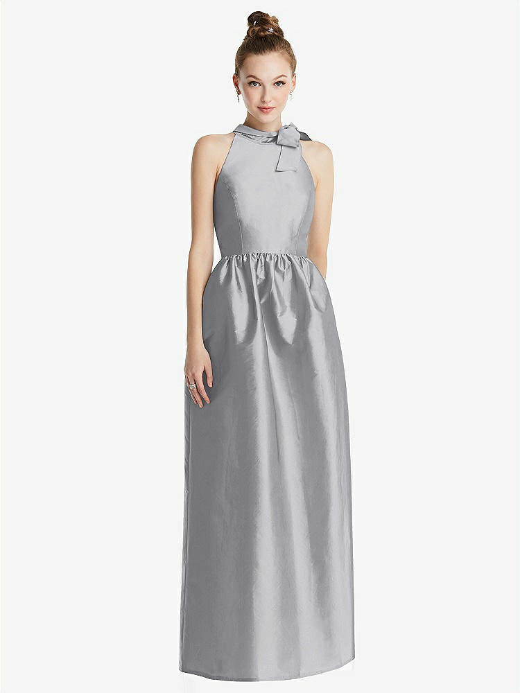 【STYLE: TH076】Bowed High-Neck Full Skirt Maxi Dress with Pockets【COLOR: French Gray】