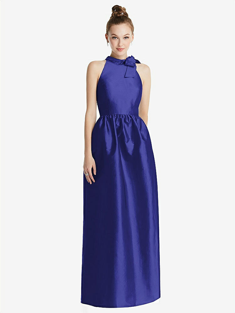 【STYLE: TH076】Bowed High-Neck Full Skirt Maxi Dress with Pockets【COLOR: Electric Blue】