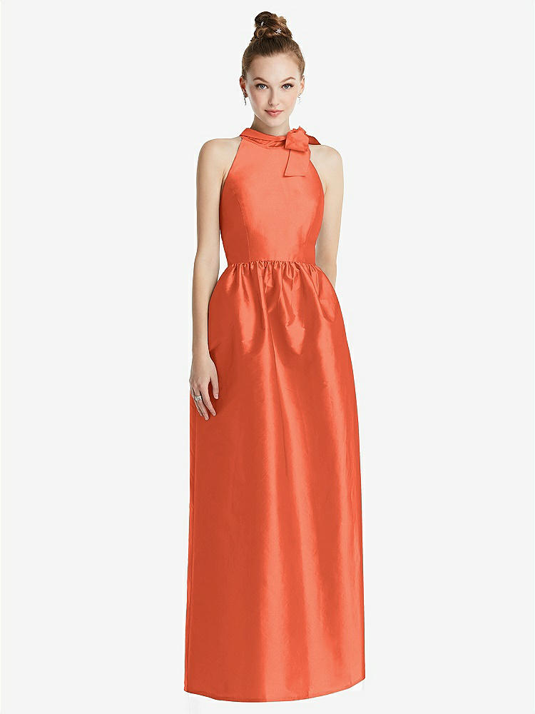 【STYLE: TH076】Bowed High-Neck Full Skirt Maxi Dress with Pockets【COLOR: Fiesta】