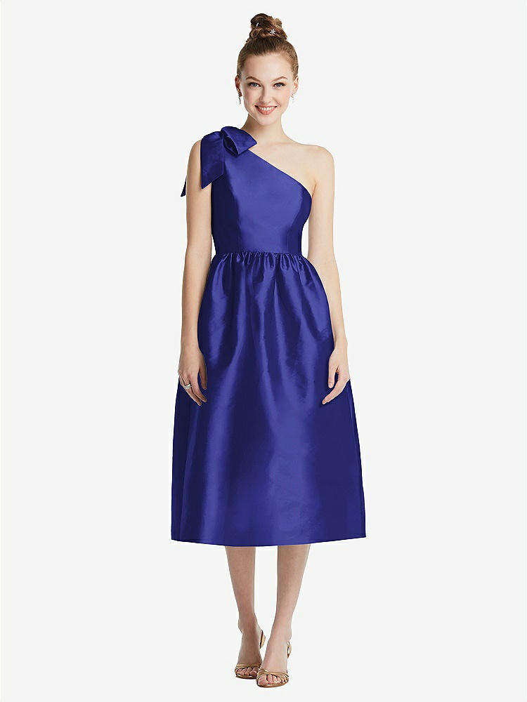 【STYLE: TH079】Bowed One-Shoulder Full Skirt Midi Dress with Pockets【COLOR: Electric Blue】