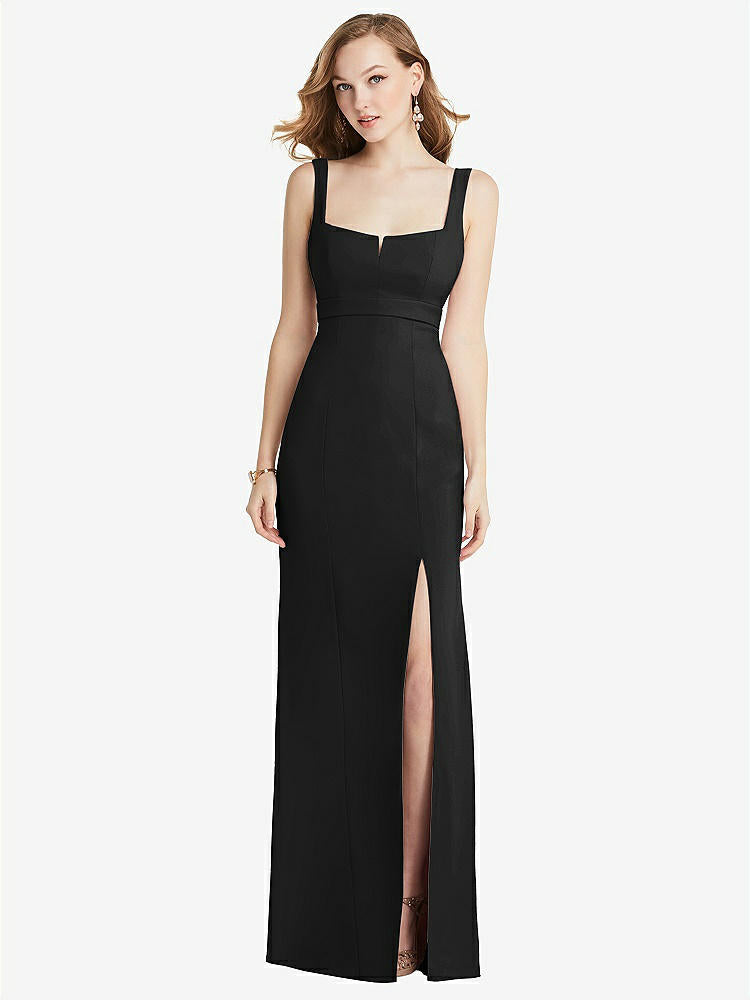 【STYLE: 6838】Wide Strap Notch Empire Waist Dress with Front Slit【COLOR: Black】