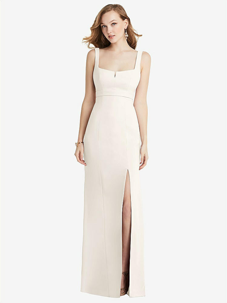 【STYLE: 6838】Wide Strap Notch Empire Waist Dress with Front Slit【COLOR: Ivory】