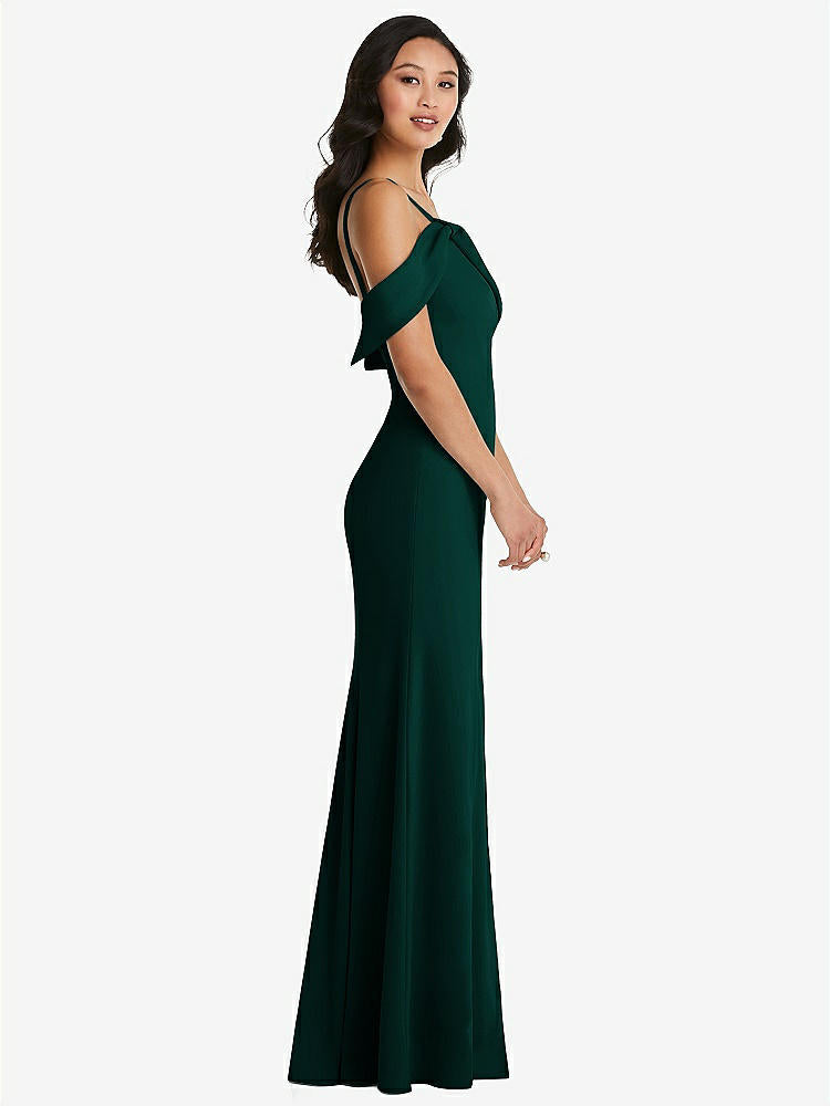 【STYLE: 6847】One-Shoulder Draped Cuff Maxi Dress with Front Slit【COLOR: Evergreen】