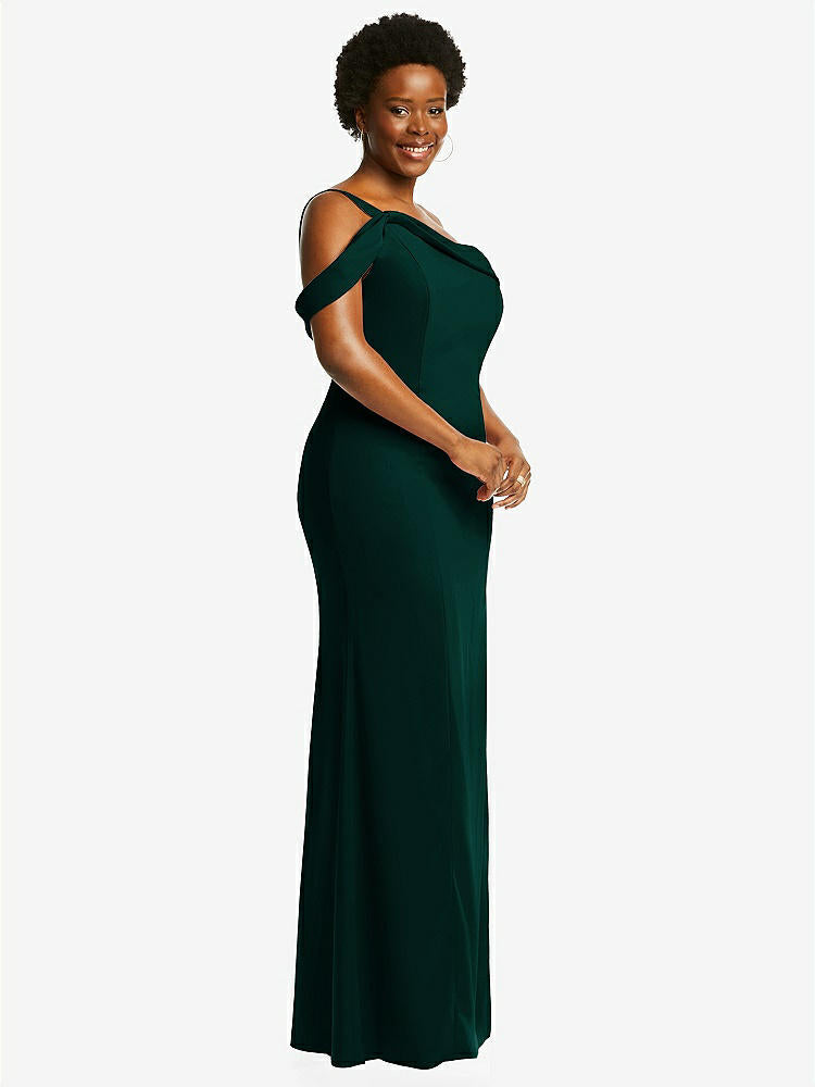 【STYLE: 6847】One-Shoulder Draped Cuff Maxi Dress with Front Slit【COLOR: Evergreen】