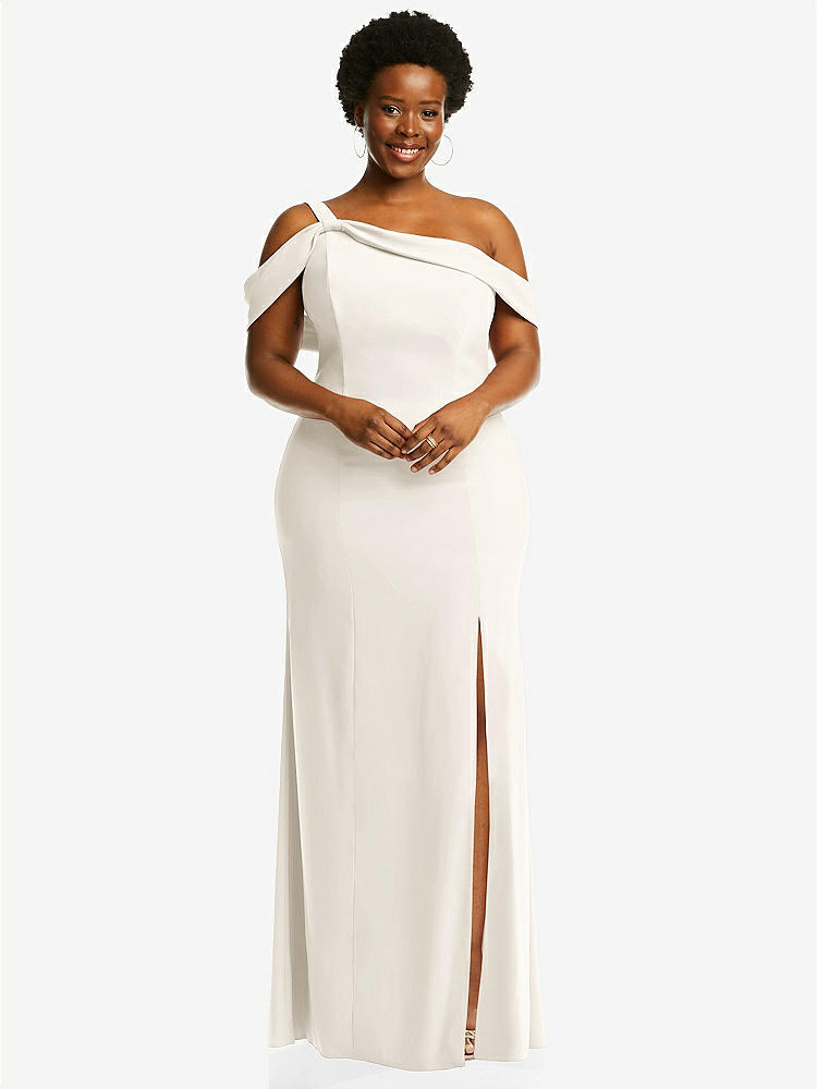 【STYLE: 6847】One-Shoulder Draped Cuff Maxi Dress with Front Slit【COLOR: Ivory】