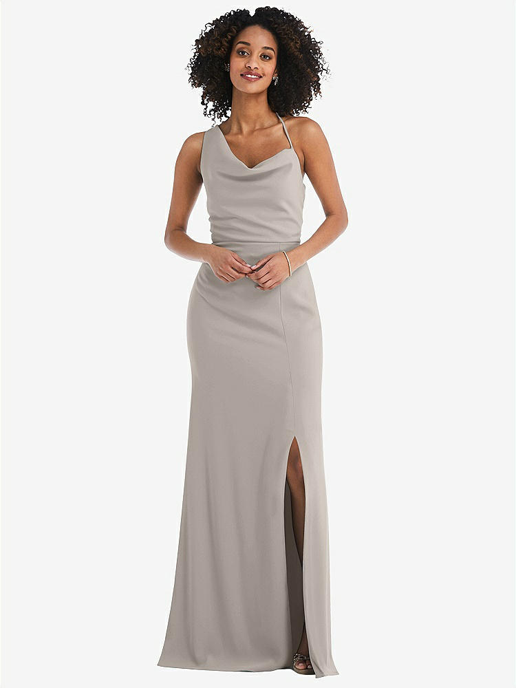 【STYLE: 6849】One-Shoulder Draped Cowl-Neck Maxi Dress【COLOR: Taupe】