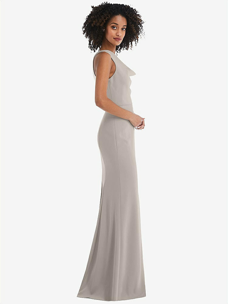 【STYLE: 6849】One-Shoulder Draped Cowl-Neck Maxi Dress【COLOR: Taupe】