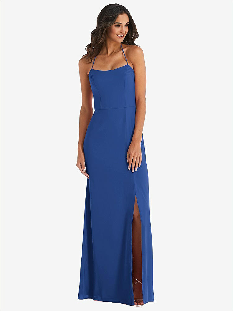 【STYLE: 1543】Spaghetti Strap Tie Halter Backless Trumpet Gown【COLOR: Classic Blue】