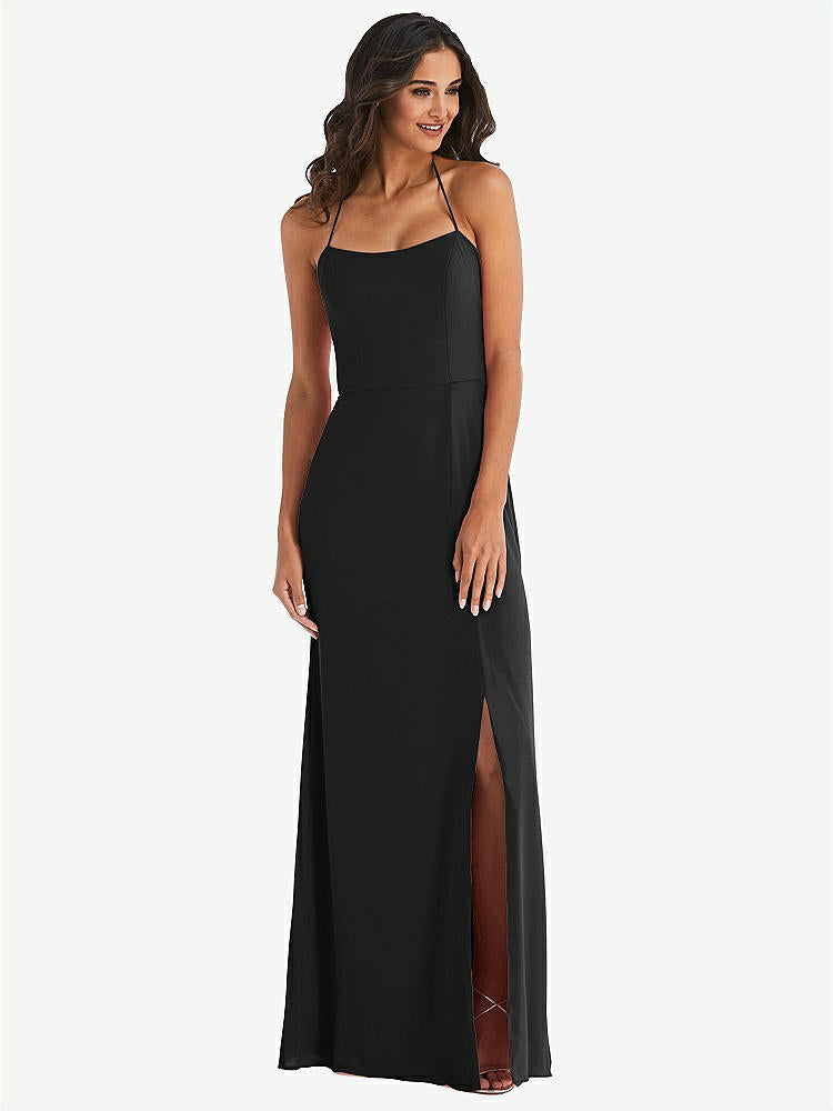 【STYLE: 1543】Spaghetti Strap Tie Halter Backless Trumpet Gown【COLOR: Black】
