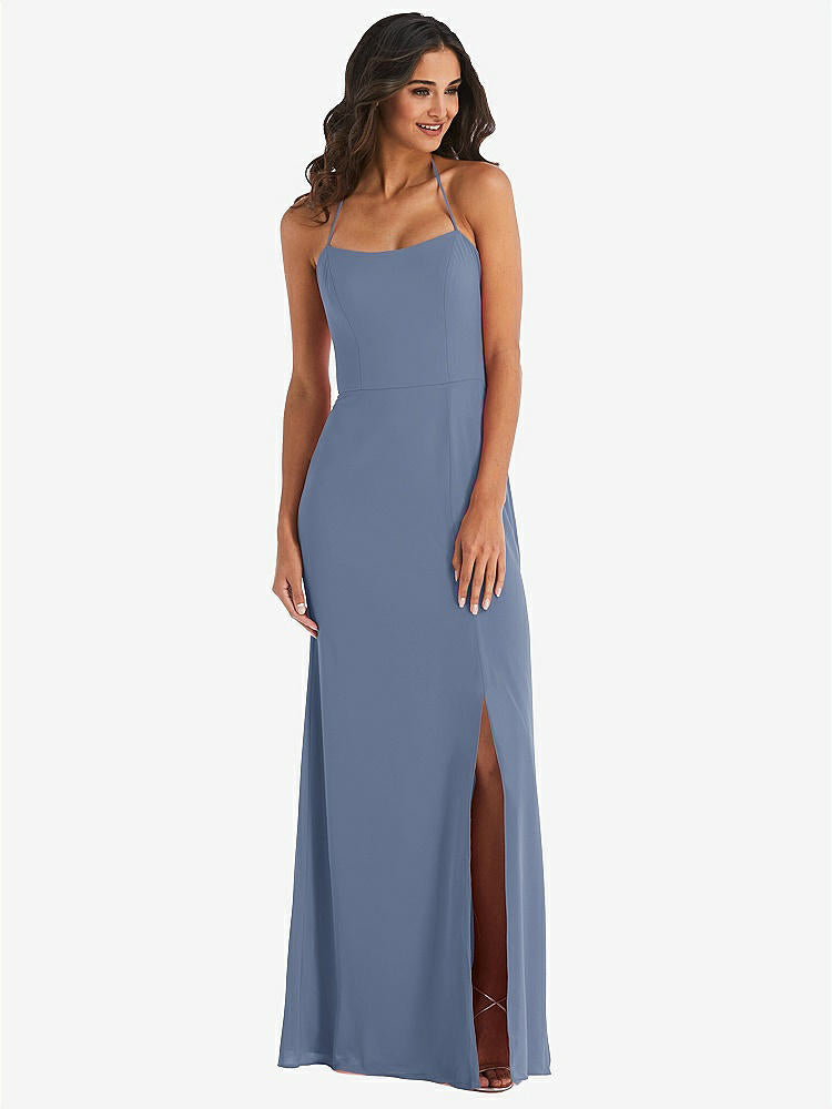 【STYLE: 1543】Spaghetti Strap Tie Halter Backless Trumpet Gown【COLOR: Larkspur Blue】