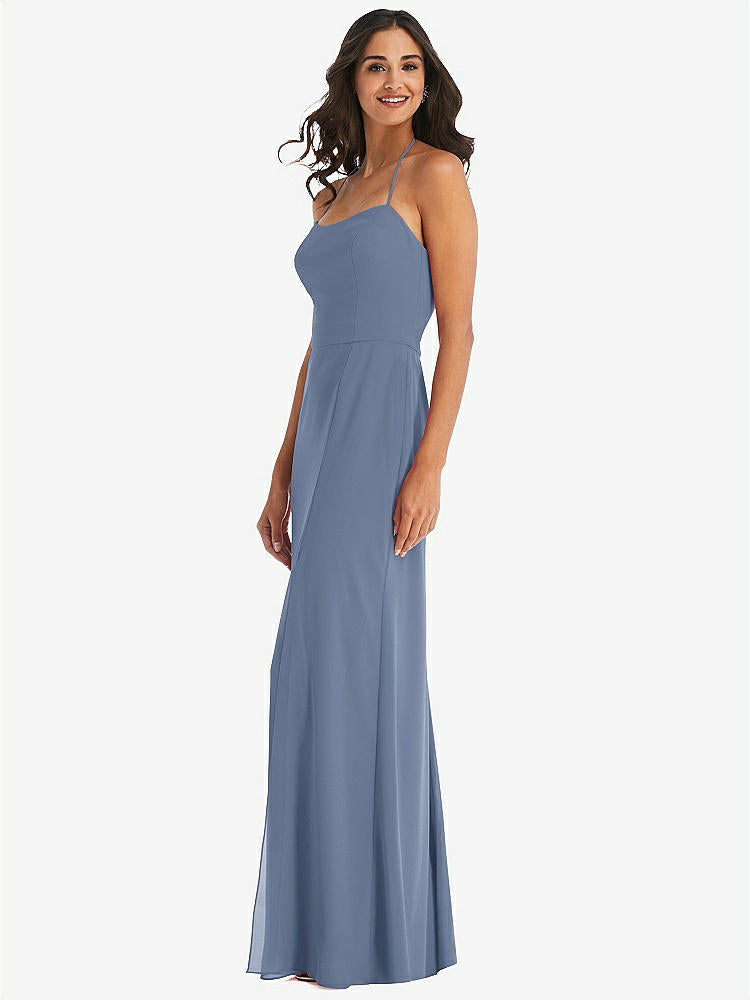 【STYLE: 1543】Spaghetti Strap Tie Halter Backless Trumpet Gown【COLOR: Larkspur Blue】