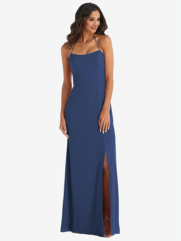 【STYLE: 1543】Spaghetti Strap Tie Halter Backless Trumpet Gown【COLOR: Sailor】