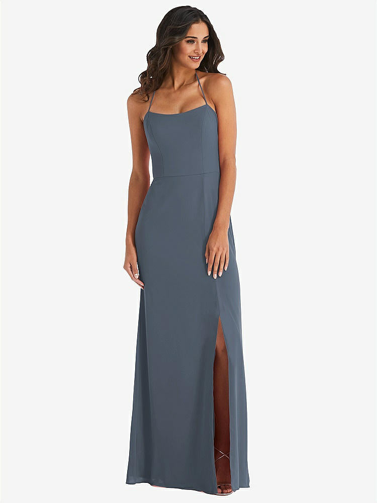 【STYLE: 1543】Spaghetti Strap Tie Halter Backless Trumpet Gown【COLOR: Silverstone】