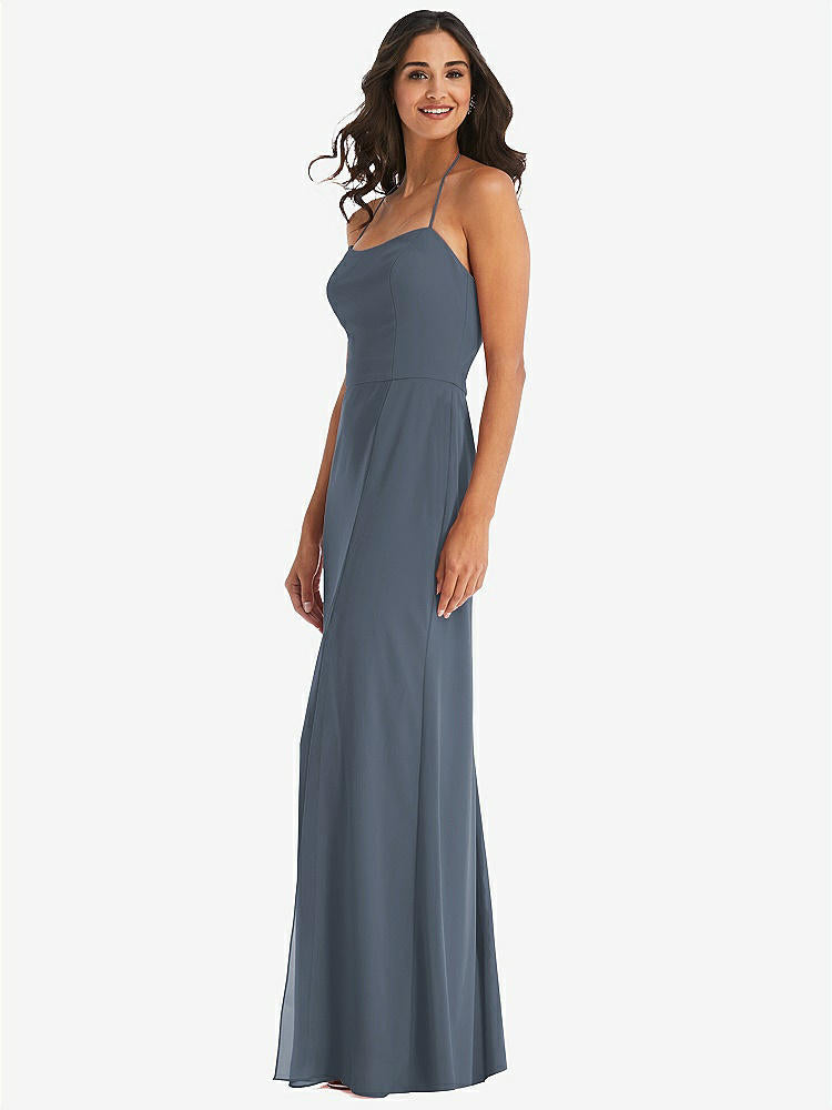 【STYLE: 1543】Spaghetti Strap Tie Halter Backless Trumpet Gown【COLOR: Silverstone】