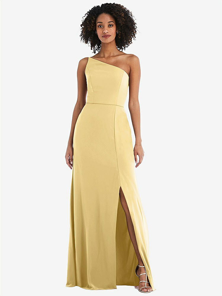 【STYLE: 1544】Skinny One-Shoulder Trumpet Gown with Front Slit【COLOR: Buttercup】