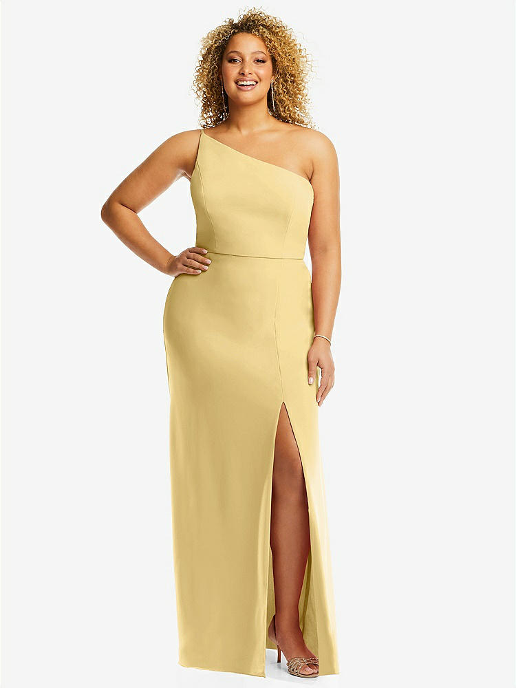 【STYLE: 1544】Skinny One-Shoulder Trumpet Gown with Front Slit【COLOR: Buttercup】
