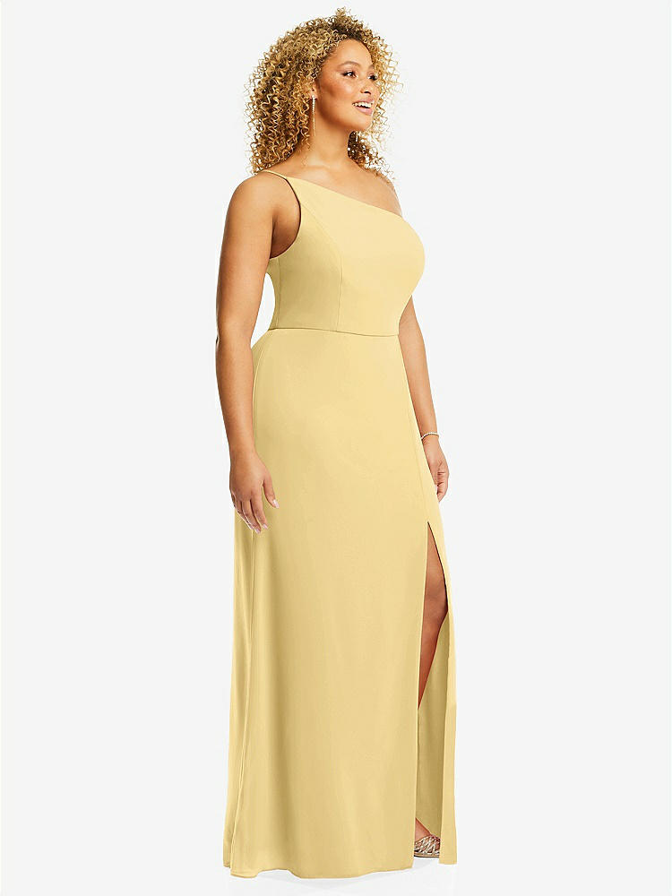【STYLE: 1544】Skinny One-Shoulder Trumpet Gown with Front Slit【COLOR: Buttercup】