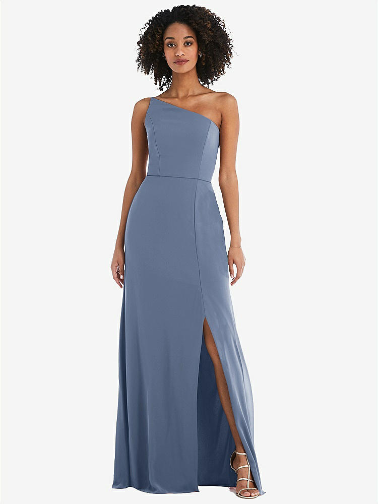 【STYLE: 1544】Skinny One-Shoulder Trumpet Gown with Front Slit【COLOR: Larkspur Blue】