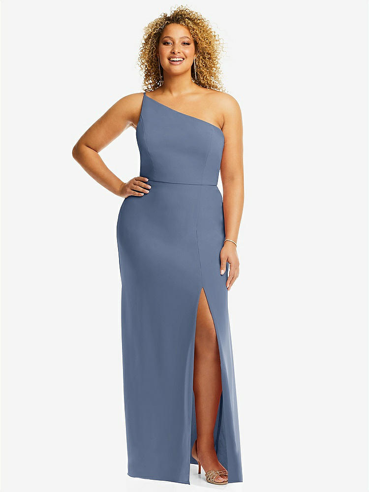 【STYLE: 1544】Skinny One-Shoulder Trumpet Gown with Front Slit【COLOR: Larkspur Blue】