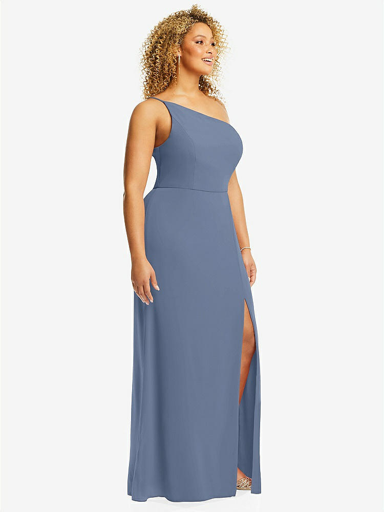 【STYLE: 1544】Skinny One-Shoulder Trumpet Gown with Front Slit【COLOR: Larkspur Blue】
