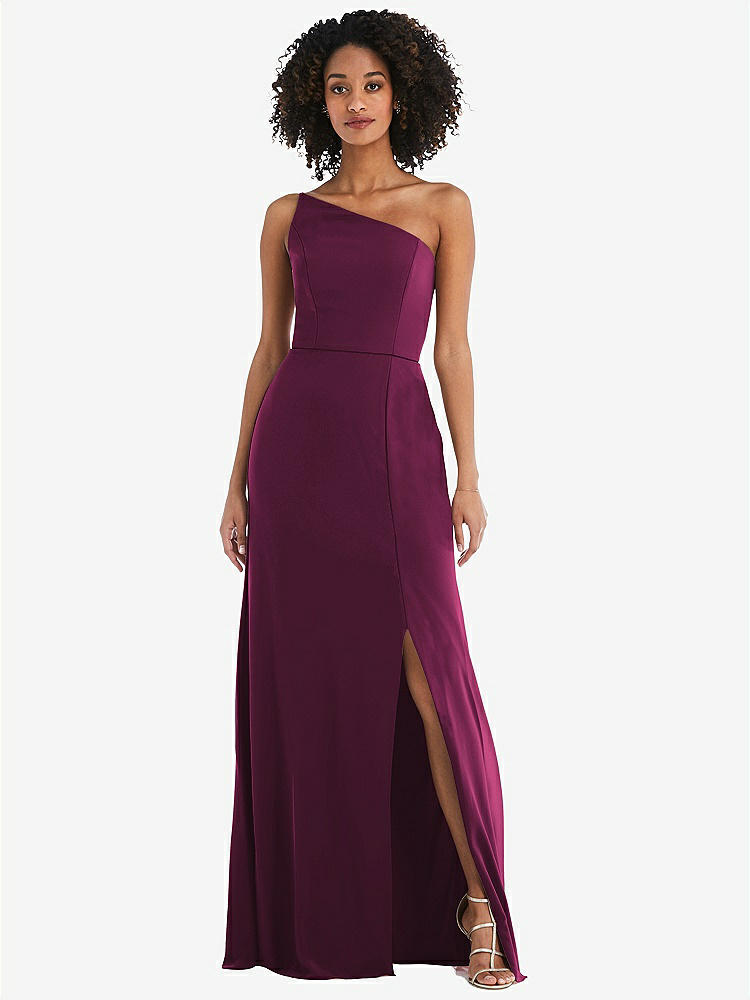 【STYLE: 1544】Skinny One-Shoulder Trumpet Gown with Front Slit【COLOR: Ruby】