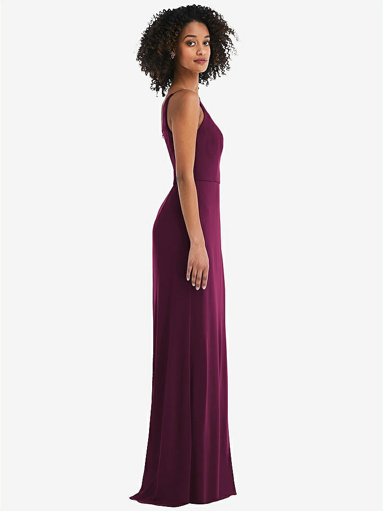 【STYLE: 1544】Skinny One-Shoulder Trumpet Gown with Front Slit【COLOR: Ruby】