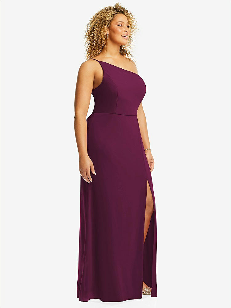 【STYLE: 1544】Skinny One-Shoulder Trumpet Gown with Front Slit【COLOR: Ruby】