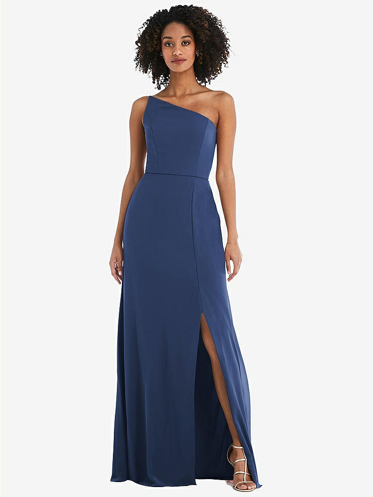 【STYLE: 1544】Skinny One-Shoulder Trumpet Gown with Front Slit【COLOR: Sailor】