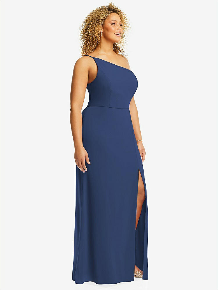 【STYLE: 1544】Skinny One-Shoulder Trumpet Gown with Front Slit【COLOR: Sailor】
