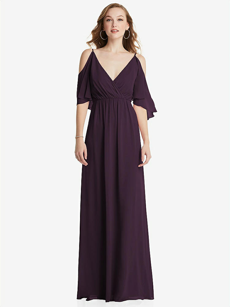 【STYLE: 1547】Convertible Cold-Shoulder Draped Wrap Maxi Dress【COLOR: Aubergine】